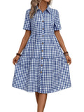 CHOUYATOU Women's Plaid Short Sleeve Button Down Shirt Dress Retro Gingham Button Up Tunic Midi Long Dress
