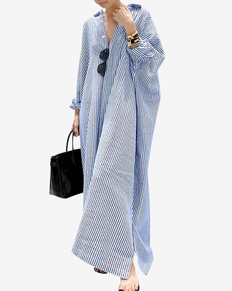 Chouyatou Women's Casual Long Sleeve Button Down Loose Striped Cotton Maxi Shirt Dress