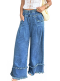 CHOUYATOU Women's Frayed Fringe Wide Leg Jeans Pleated Baggy Denim Pants | Elastic Waistband, Fringed Tassel Hem, Elegant Pleats, Baggy Loose Fit, With Pockets, Jeans For Women Fringe Bottom