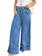 CHOUYATOU Women's Frayed Fringe Wide Leg Jeans Pleated Baggy Denim Pants | Elastic Waistband, Fringed Tassel Hem, Elegant Pleats, Baggy Loose Fit, With Pockets, Jeans For Women Fringe Bottom