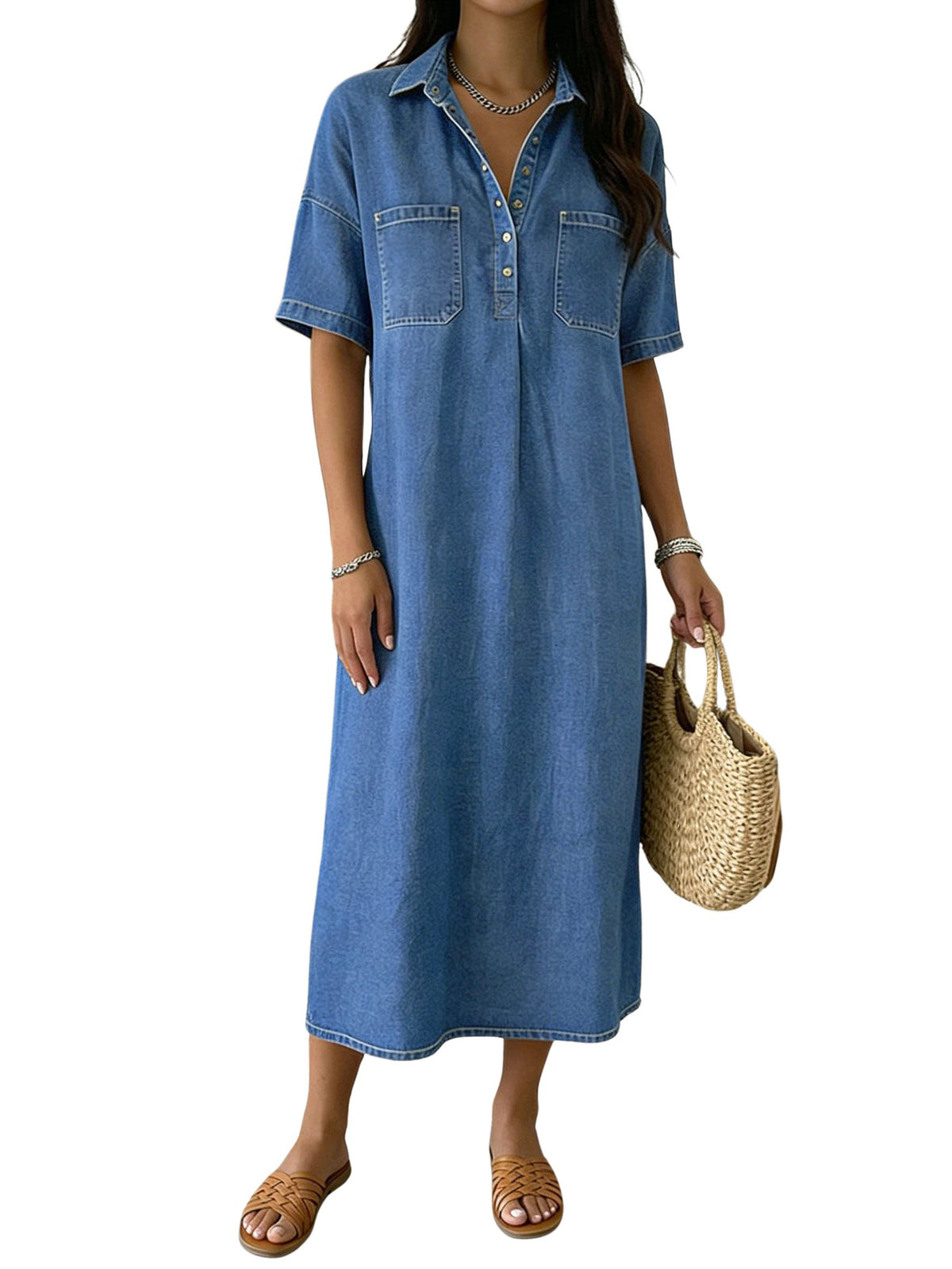 Chouyatou Women's Distressed Button Up Denim Polo Shirt Dress Short Sleeve Casual Loose Pleated Jean Midi Long Dress