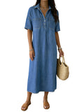 CHOUYATOU Women's Distressed Button Up Denim Polo Shirt Dress Short Sleeve Casual Loose Pleated Jean Midi Long Dress