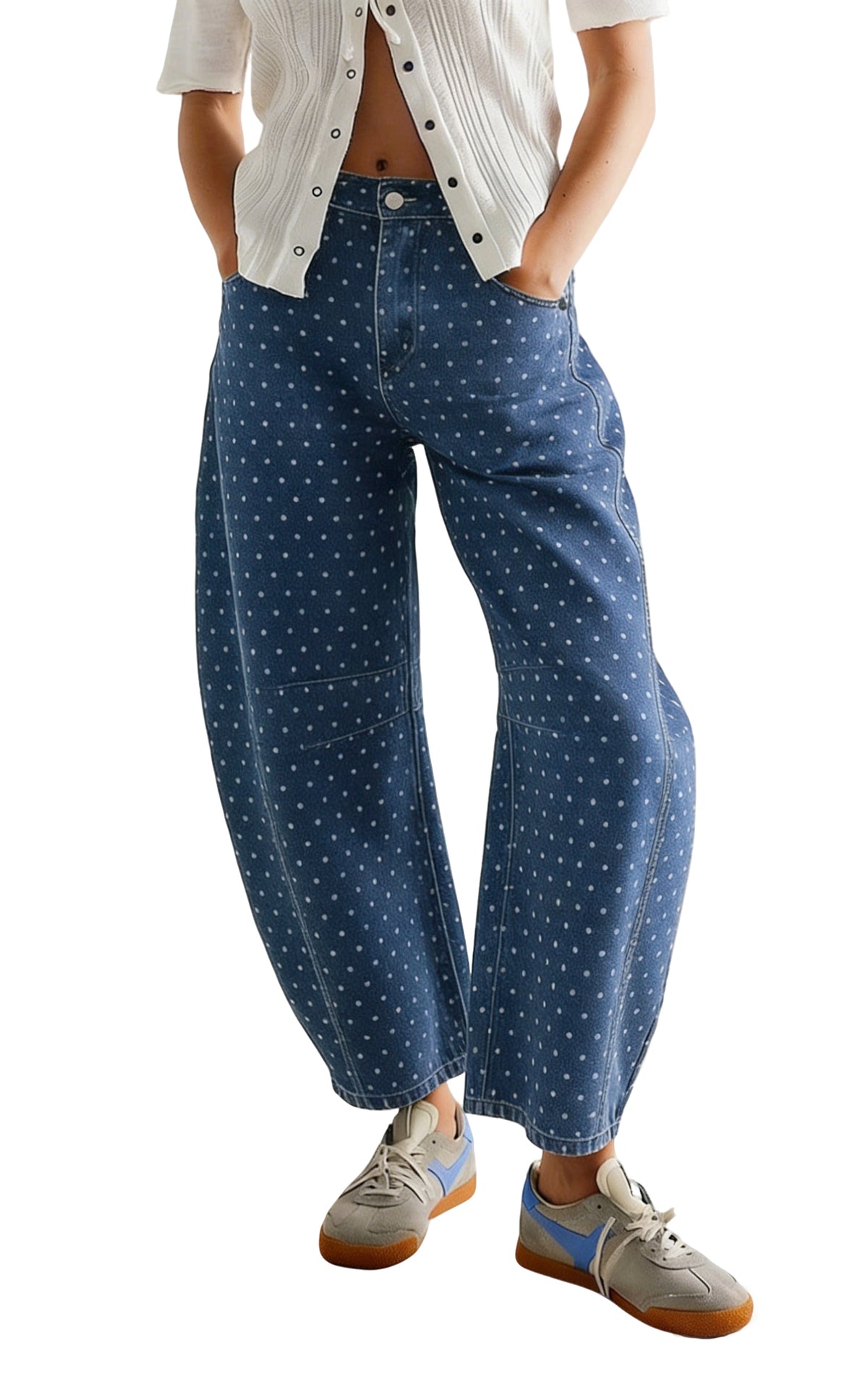 CHOUYATOU Women Baggy Polka Dot Barrel Jeans Y2K Floral Print Wide Leg Jeans Boyfriend Denim Ankle Pants