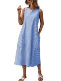 chouyatou Women's Casual Loose Vertical Striped Dress Crew Neck Sleeveless Midi Long Tank Dress with Pockets