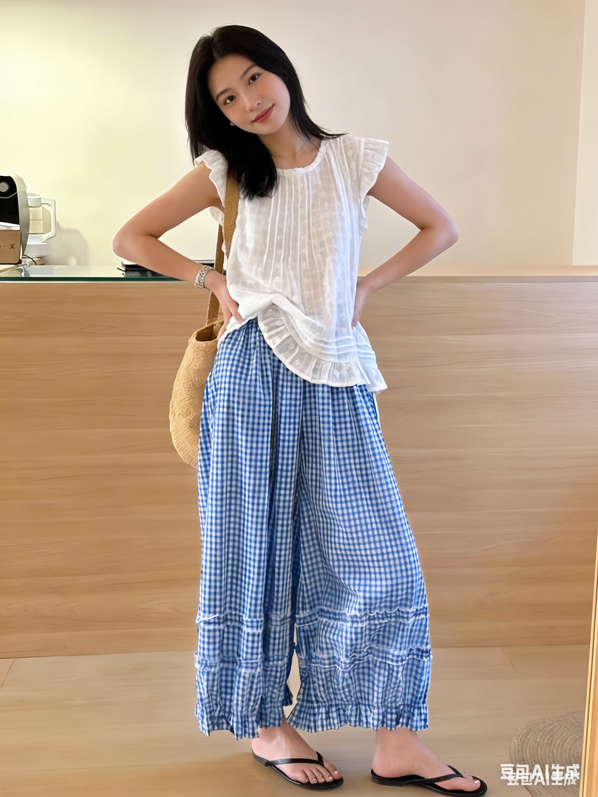 Chouyatou Women Summer Ruffle Hem Crop Cotton Linen Pants Beach Plaid Gingham Wide Leg Pants Palazzos