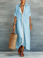 Chouyatou Women's Contrast Color Button Down Shirt Dress Short Sleeve Cotton Linen Casual Loose Beach Long Maxi Dress
