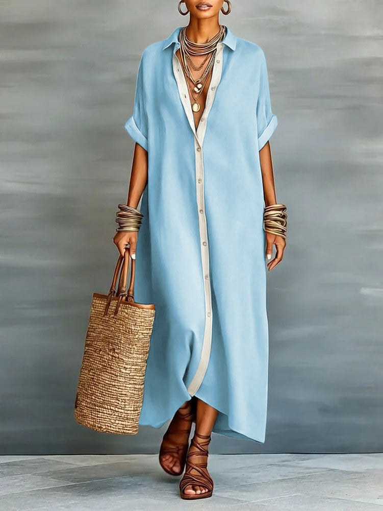 Chouyatou Women's Contrast Color Button Down Shirt Dress Short Sleeve Cotton Linen Casual Loose Beach Long Maxi Dress