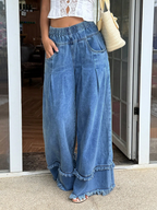 CHOUYATOU Women's Frayed Fringe Wide Leg Jeans Pleated Baggy Denim Pants | Elastic Waistband, Fringed Tassel Hem, Elegant Pleats, Baggy Loose Fit, With Pockets, Jeans For Women Fringe Bottom