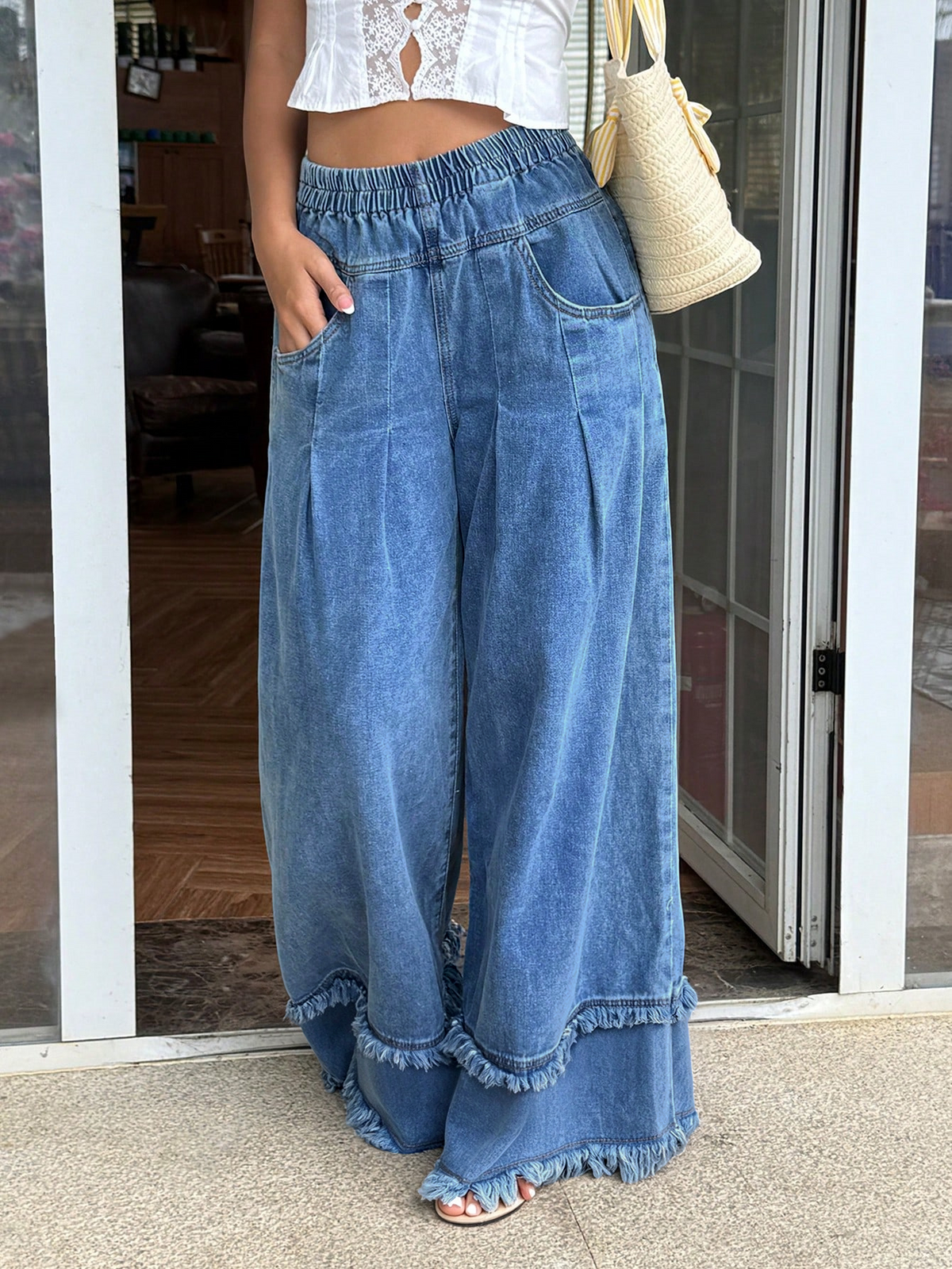 CHOUYATOU Women's Frayed Fringe Wide Leg Jeans Pleated Baggy Denim Pants | Elastic Waistband, Fringed Tassel Hem, Elegant Pleats, Baggy Loose Fit, With Pockets, Jeans For Women Fringe Bottom
