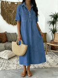 CHOUYATOU Women's Distressed Button Up Denim Polo Shirt Dress Short Sleeve Casual Loose Pleated Jean Midi Long Dress