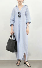 Chouyatou Women's Casual Long Sleeve Button Down Loose Striped Cotton Maxi Shirt Dress