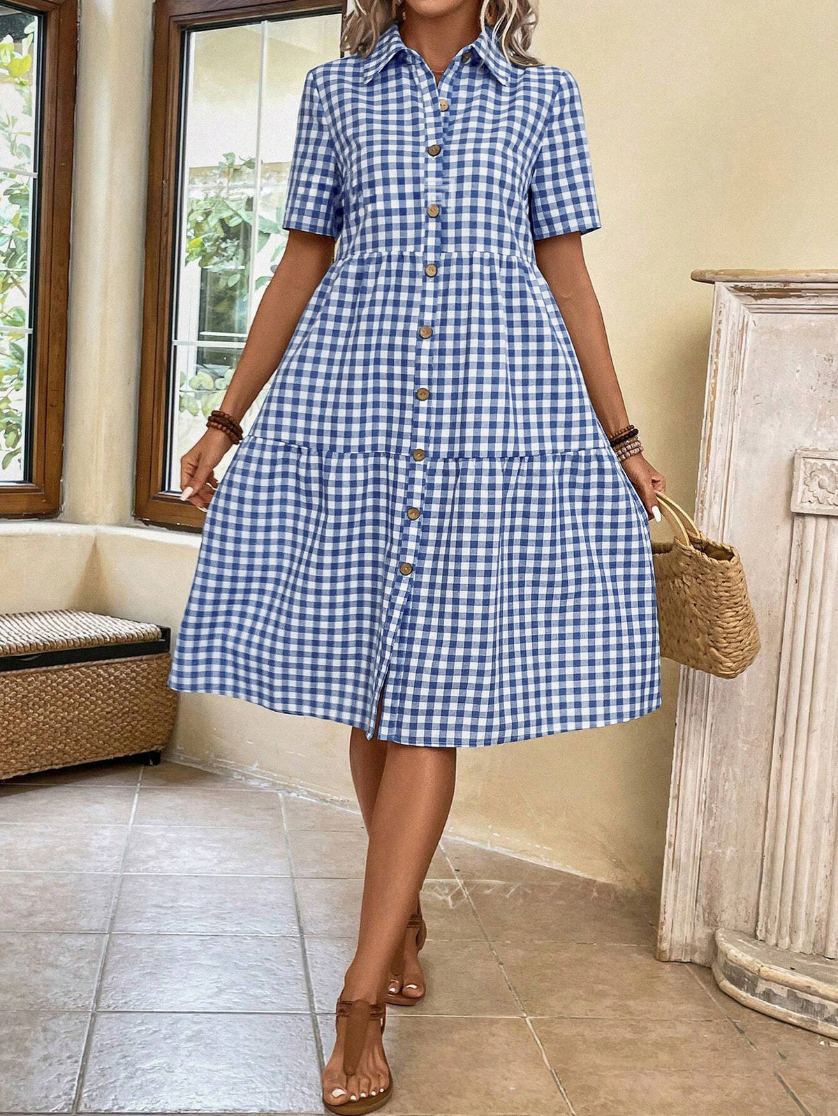 Chouyatou Women's Plaid Short Sleeve Button Down Shirt Dress Retro Gingham Button Up Tunic Midi Long Dress