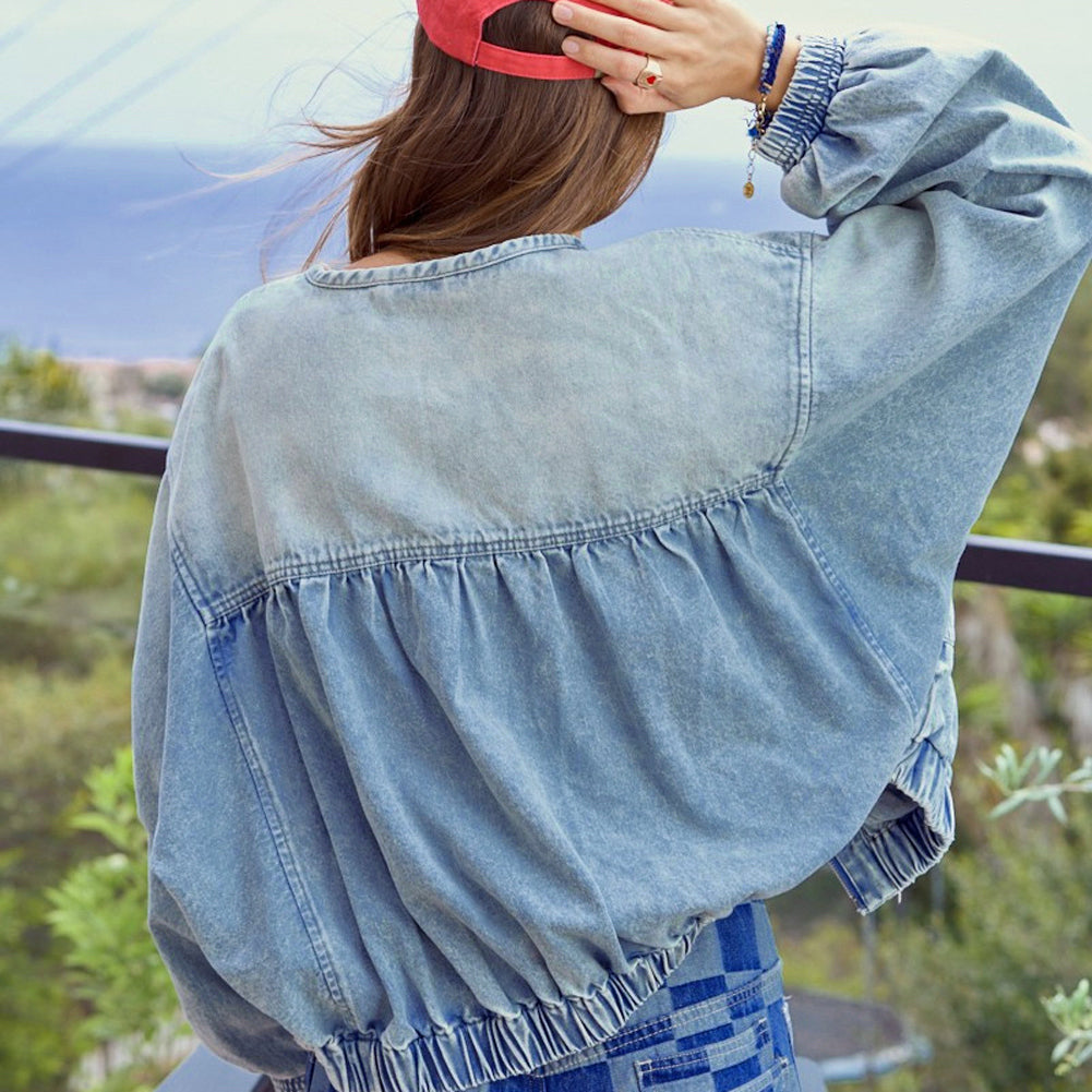 Chouyatou Women Spring Fall Oversized Jean Jacket Trendy Lightweight Y2K Floral Denim Bomber Jacket Coat