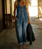 CHOUYATOU Women's Suspender Strap Loose Denim Bib Overalls Y2k Baggy Distressed Jeans Wide Leg Jumpsuit Pants