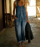 CHOUYATOU Women's Suspender Strap Loose Denim Bib Overalls Y2k Baggy Distressed Jeans Wide Leg Jumpsuit Pants