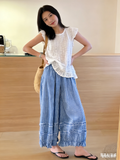 CHOUYATOU Women 2026 Summer Ruffle Hem Crop Cotton Linen Pants Beach Plaid Gingham Wide Leg Pants Palazzos