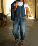 CHOUYATOU Women's Suspender Strap Loose Denim Bib Overalls Y2k Baggy Distressed Jeans Wide Leg Jumpsuit Pants