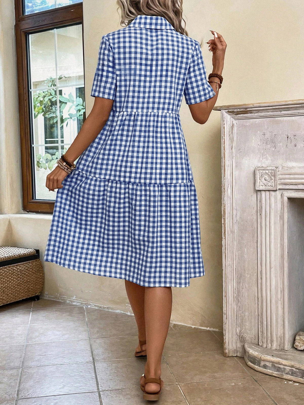 Chouyatou Women's Plaid Short Sleeve Button Down Shirt Dress Retro Gingham Button Up Tunic Midi Long Dress
