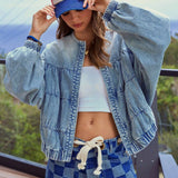 CHOUYATOU Women Spring Fall Oversized Jean Jacket Trendy Lightweight Y2K Floral Denim Bomber Jacket Coat