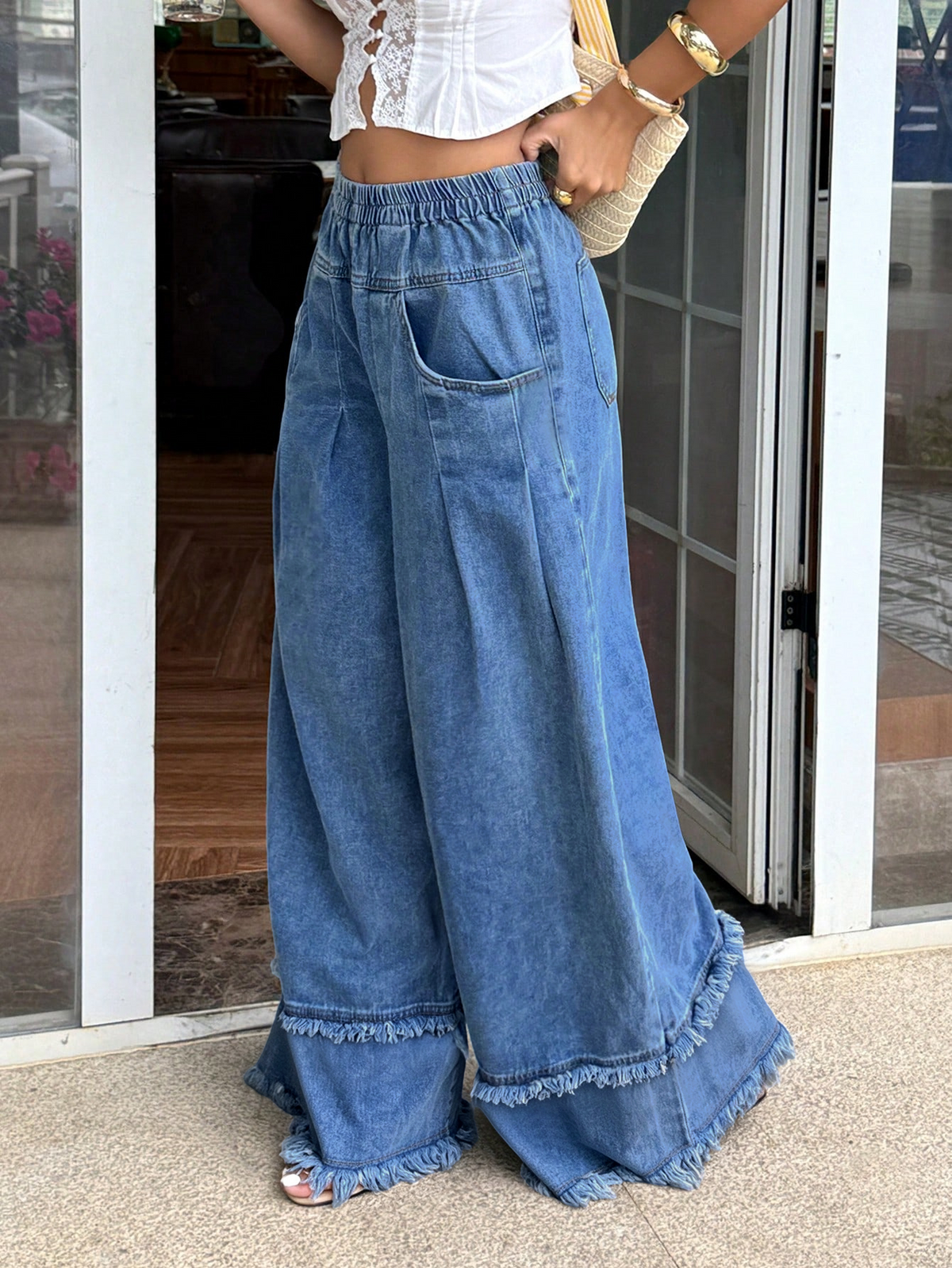 CHOUYATOU Women's Frayed Fringe Wide Leg Jeans Pleated Baggy Denim Pants | Elastic Waistband, Fringed Tassel Hem, Elegant Pleats, Baggy Loose Fit, With Pockets, Jeans For Women Fringe Bottom