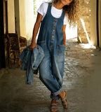 CHOUYATOU Women's Suspender Strap Loose Denim Bib Overalls Y2k Baggy Distressed Jeans Wide Leg Jumpsuit Pants