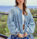 CHOUYATOU Women Spring Fall Oversized Jean Jacket Trendy Lightweight Y2K Floral Denim Bomber Jacket Coat