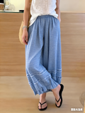 CHOUYATOU Women 2026 Summer Ruffle Hem Crop Cotton Linen Pants Beach Plaid Gingham Wide Leg Pants Palazzos