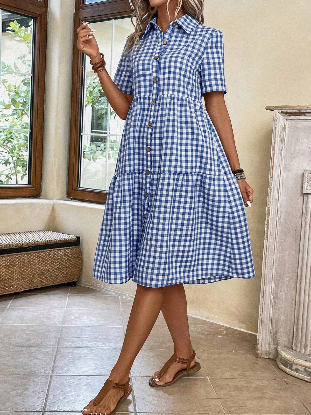 Chouyatou Women's Plaid Short Sleeve Button Down Shirt Dress Retro Gingham Button Up Tunic Midi Long Dress