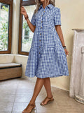 CHOUYATOU Women's Plaid Short Sleeve Button Down Shirt Dress Retro Gingham Button Up Tunic Midi Long Dress