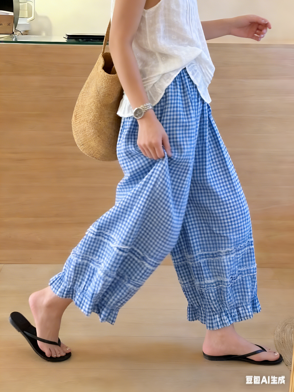Chouyatou Women Summer Ruffle Hem Crop Cotton Linen Pants Beach Plaid Gingham Wide Leg Pants Palazzos
