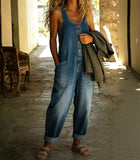 CHOUYATOU Women's Suspender Strap Loose Denim Bib Overalls Y2k Baggy Distressed Jeans Wide Leg Jumpsuit Pants