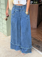 CHOUYATOU Women's Frayed Fringe Wide Leg Jeans Pleated Baggy Denim Pants | Elastic Waistband, Fringed Tassel Hem, Elegant Pleats, Baggy Loose Fit, With Pockets, Jeans For Women Fringe Bottom