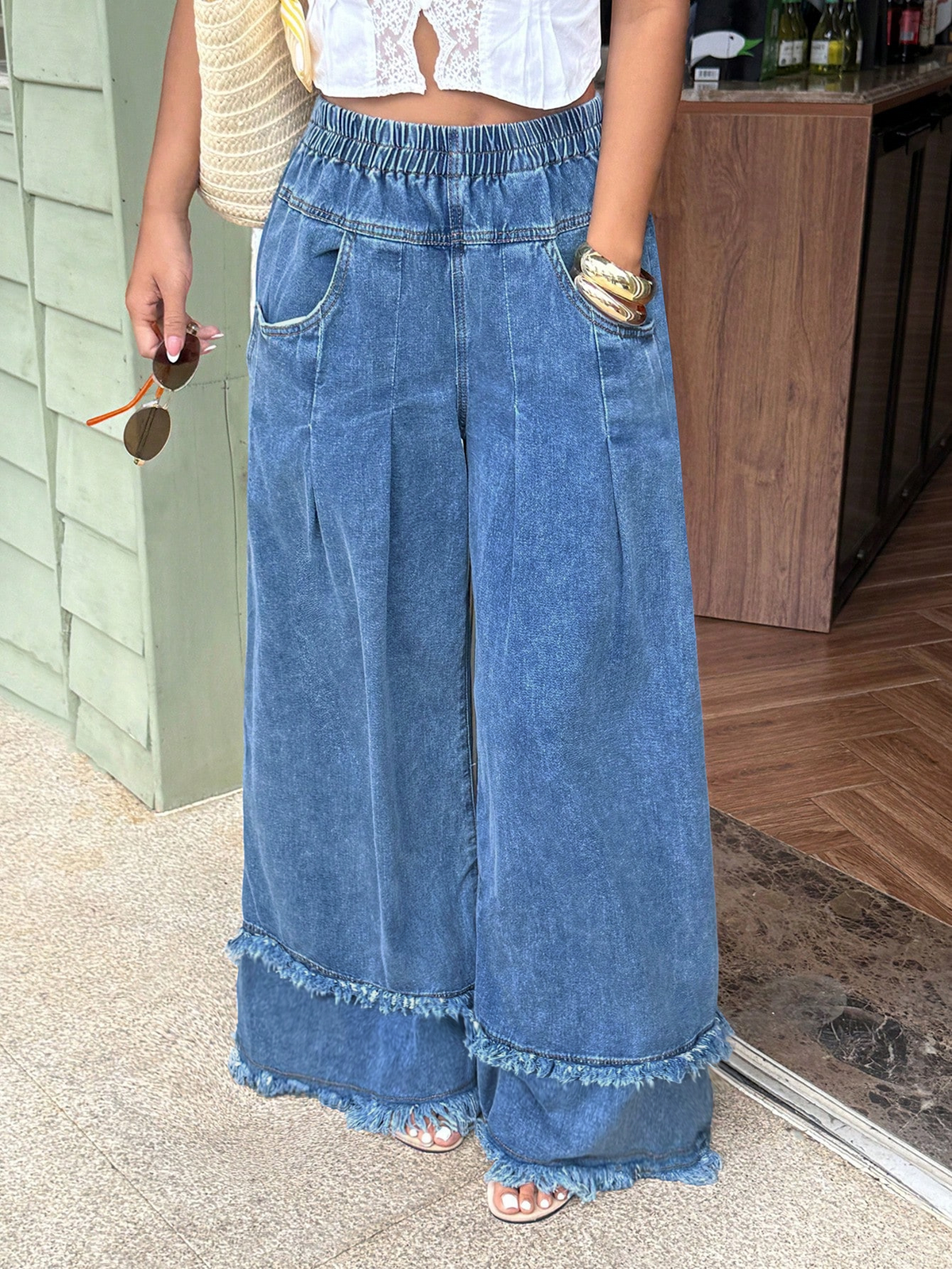 CHOUYATOU Women's Frayed Fringe Wide Leg Jeans Pleated Baggy Denim Pants | Elastic Waistband, Fringed Tassel Hem, Elegant Pleats, Baggy Loose Fit, With Pockets, Jeans For Women Fringe Bottom