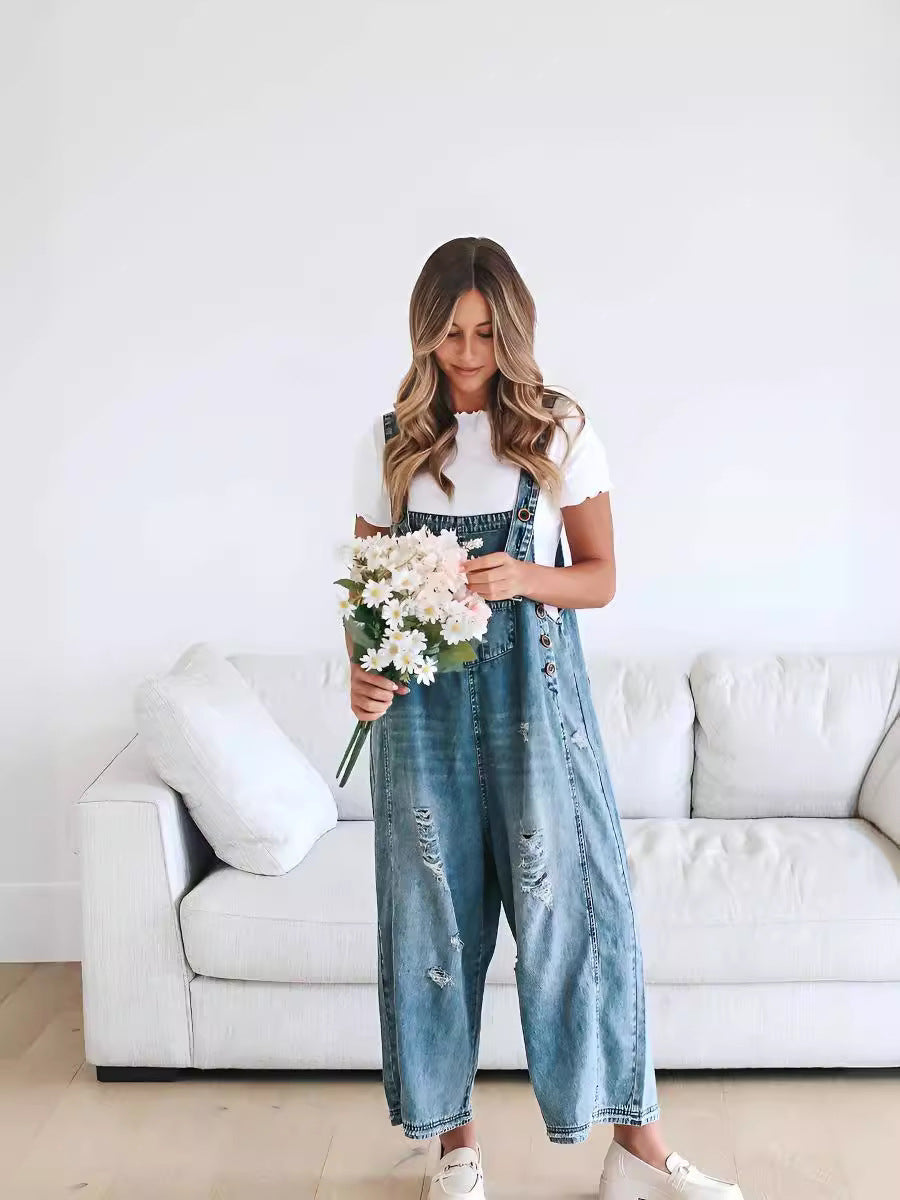 Chouyatou Women Loose Adjustable Strap Denim Bib Overall Jeans Distressed Wide Leg Baggy Overalls Jumpsuit