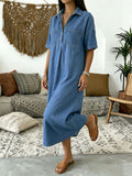 CHOUYATOU Women's Distressed Button Up Denim Polo Shirt Dress Short Sleeve Casual Loose Pleated Jean Midi Long Dress