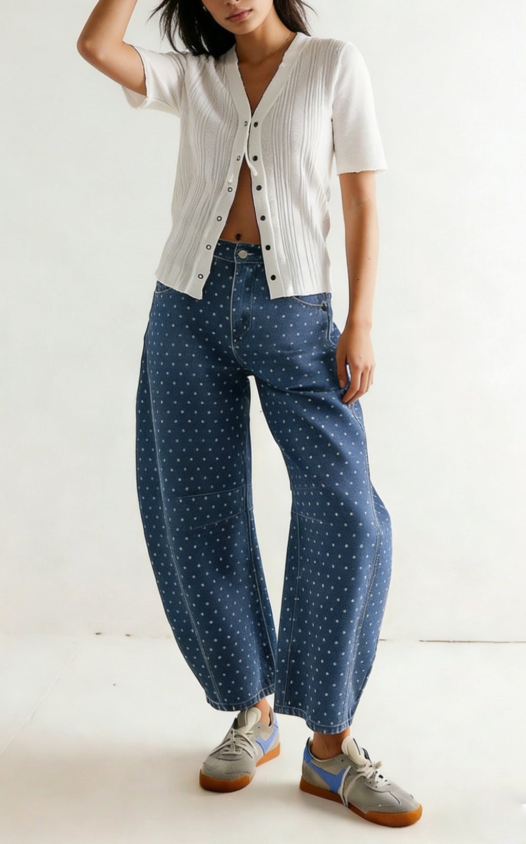 CHOUYATOU Women Baggy Polka Dot Barrel Jeans Y2K Floral Print Wide Leg Jeans Boyfriend Denim Ankle Pants