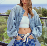 CHOUYATOU Women Spring Fall Oversized Jean Jacket Trendy Lightweight Y2K Floral Denim Bomber Jacket Coat