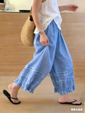 CHOUYATOU Women 2026 Summer Ruffle Hem Crop Cotton Linen Pants Beach Plaid Gingham Wide Leg Pants Palazzos
