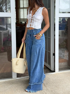 CHOUYATOU Women's Frayed Fringe Wide Leg Jeans Pleated Baggy Denim Pants | Elastic Waistband, Fringed Tassel Hem, Elegant Pleats, Baggy Loose Fit, With Pockets, Jeans For Women Fringe Bottom