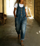 CHOUYATOU Women's Suspender Strap Loose Denim Bib Overalls Y2k Baggy Distressed Jeans Wide Leg Jumpsuit Pants