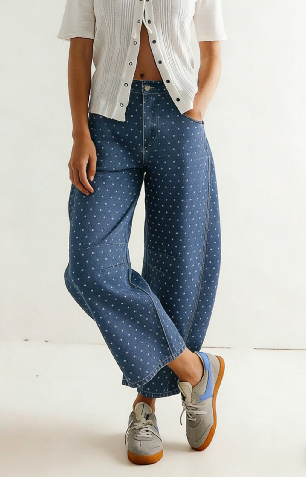CHOUYATOU Women Baggy Polka Dot Barrel Jeans Y2K Floral Print Wide Leg Jeans Boyfriend Denim Ankle Pants