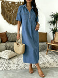 CHOUYATOU Women's Distressed Button Up Denim Polo Shirt Dress Short Sleeve Casual Loose Pleated Jean Midi Long Dress