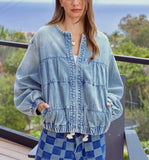 CHOUYATOU Women Spring Fall Oversized Jean Jacket Trendy Lightweight Y2K Floral Denim Bomber Jacket Coat