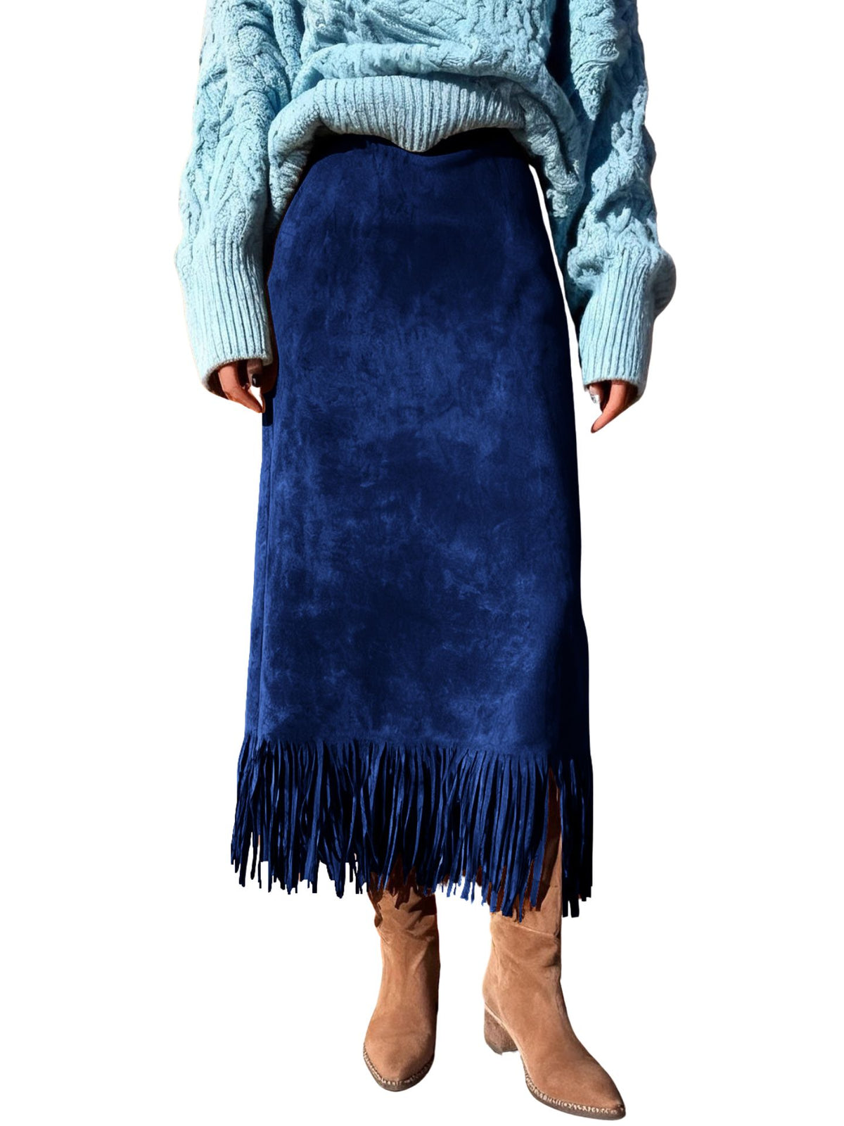 CHOUYATOU Women's Fringe Trim Faux Suede Skirt High Waisted Pencil Dressy Fall Winter Midi Long Skirt