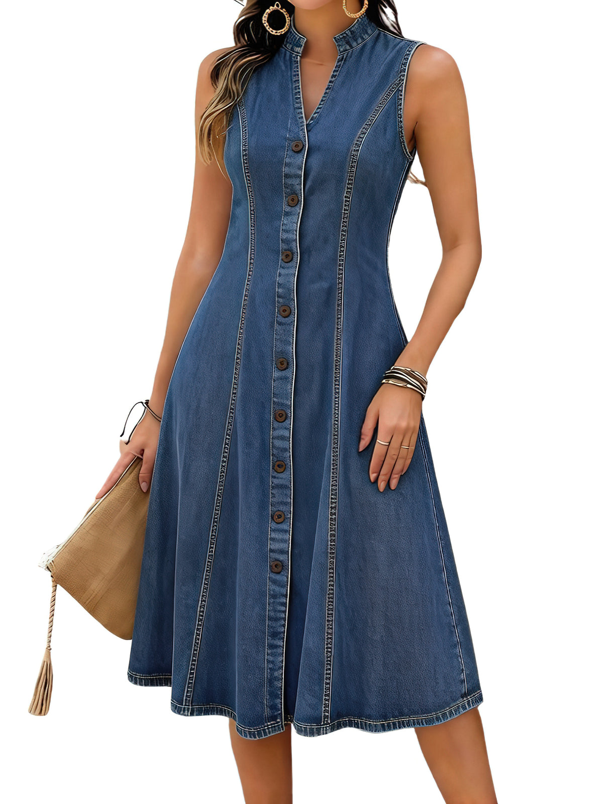 Chouyatou Women's Sleeveless Denim Tank Dress V Neck Button Front A Line Midi Jean Sundress with Pockets
