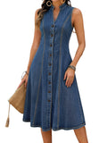 CHOUYATOU Women's Sleeveless Denim Tank Dress V Neck Button Front A Line Midi Jean Sundress with Pockets