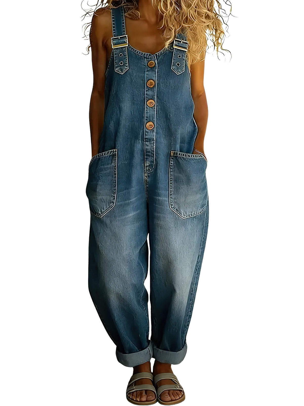 Chouyatou Women's Y2K Denim Bib Overall Pants Button Front Wide Leg Jean Jumpsuits Vintage Loose Romper