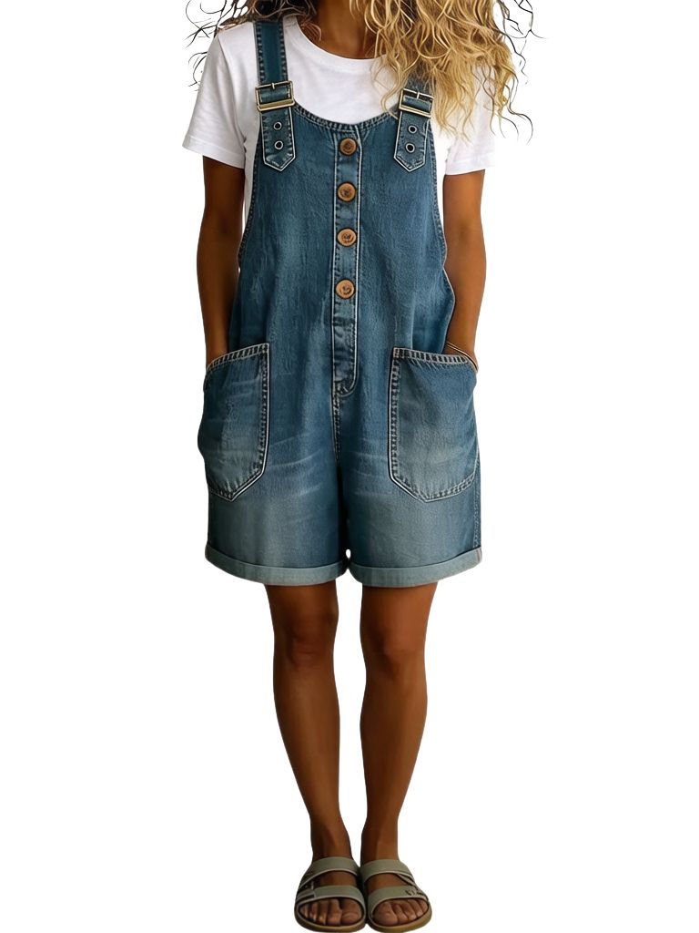 Chouyatou Women's Y2K Denim Shortalls Button Front Wide Leg Loose Bib Jean Overalls Shorts Romper Jumpsuits Vintage