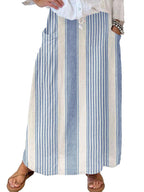 Chouyatou Women's Vertical Striped High Waist Maxi Skirt Vintage Floral Cotton Long Skirt with Pockets
