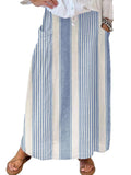 chouyatou Women's Vertical Striped High Waist Maxi Skirt Vintage Floral Cotton Long Skirt with Pockets